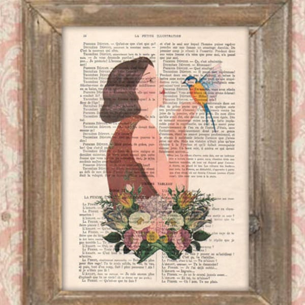 Fille oiseau peinture impression d'art naïf féminin, décoration murale botanique fleur, impression d'art dessin vintage livre dictionnaire Français cadeau pour elle