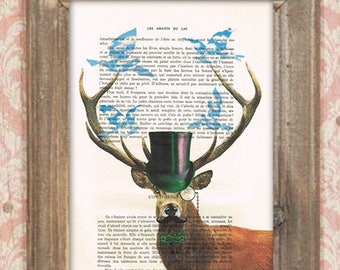 Surrealist deer print, salvador dali, deer with birds, deer illustration, antlers, stags, surrealist artwork, surrealisme