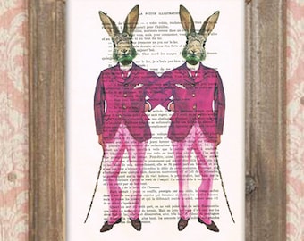 Gay Print, Rabbit couple, gay art, gay deco, gay design, French design, Art Print on recycled french book page, gay gift, holiday