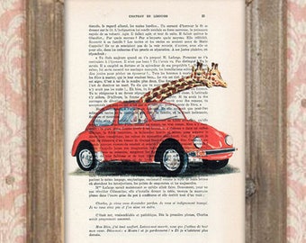 Peinture de girafe, girafes dans la voiture, impression de girafe, oeuvre d'art de girafe, art de girafe, art de papier vintage, décoration de chambre d'enfant, impression de fiançailles