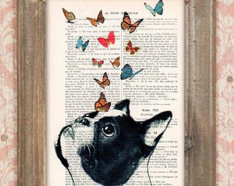 Stampa Bulldog francese, Frenchie con farfalle, design francese, bianco e nero, poster di bulldog Stampa artistica su pagina di libro francese riciclato