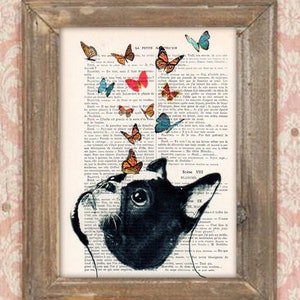 French Bulldog Print, Frenchie with butterflies, French design, black and white,bulldog poster Art Print on recycled french book page image 1