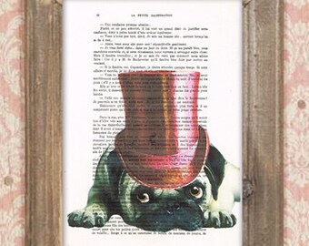 Pug with hat, vintage pug, human animal art,pug with tophat,red tophait, anniversary print, Merry Everything,Happy Always,Joy Peace and Love