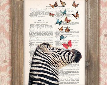 Zebra Print, zebra with butterflies, French design, black and white, zebra poster Art Print on recycled french book page
