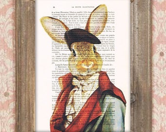 French Rabbit Print, Rabbit with hat, French design, Bunny art, rabbit poster Art Print on recycled french book page, rabbit art, easter