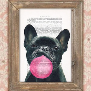 Frenchie Print, Bubblegum, French design, black and white,dog poster, Art Print on recycled french book page image 1