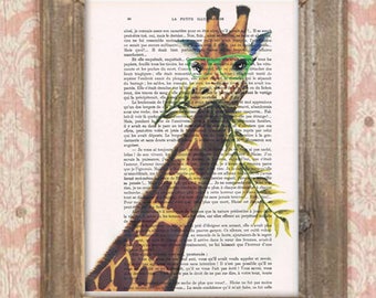 Giraffe wedding gift, Giraffes with leaf, Giraffe print,green, Giraffe artwork, Giraffe art, kids room decor, wedding print