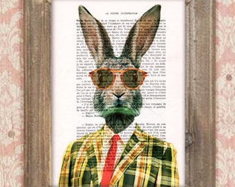 Rabbit with spectacles, vintage rabbit, rabbit with hat, rabbit illustration, bunny art, rabbit poster, vintagey print, human animal print