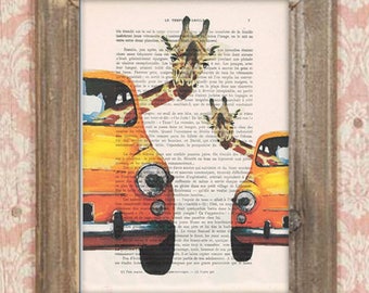 Cadeau de mariage girafe, girafes dans une voiture, impression de girafe, oeuvre d'art de girafe, art de girafe, art du papier vintage, décoration de chambre d'enfant, impression de mariage