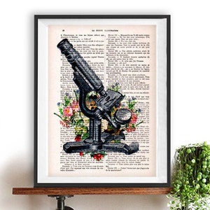 Vintage microscope art print on french vintage page for science wall decor, doctor or scientist reseracher gift