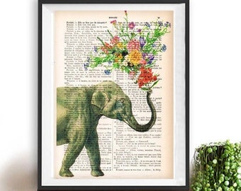 Elephant blowing flowers 2, elephant art, elephant deco, elephant poster, flower print, elephant lovers, Book Dictionary