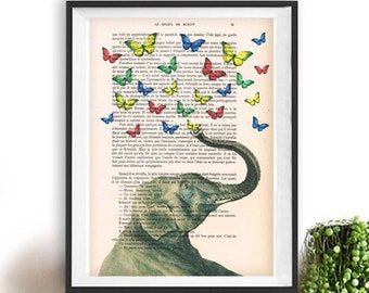 Elephant blowing butterflies 2, elephant art, elephant deco, elephant poster, butterfly print, elephant lovers, Book Dictionary