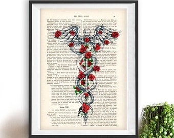 Caduceus roses, flower caduceus, Human, Anatomy art, love, science wall decor, art print drawing, Vintage Book Dictionary Get well soon