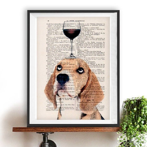 Beagle avec verre à vin, art du vin, vin rouge, animal avec verre à vin, champagne, impression d'art de décoration murale dessin dictionnaire de livre vintage