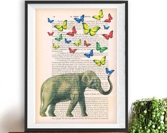 Elephant blowing butterflies, elephant art, elephant deco, elephant poster, butterfly print, elephant lovers, Book Dictionary