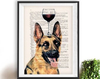 German shepherd with wineglass, wine art, red wine, animal with wineglass, champagne, wall decor art print drawing Vintage Book Dictionary