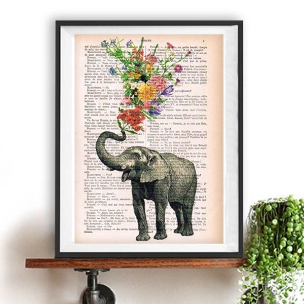 Elephant blowing flowers, elephant art, elephant deco, elephant poster, flower print, elephant lovers, Book Dictionary