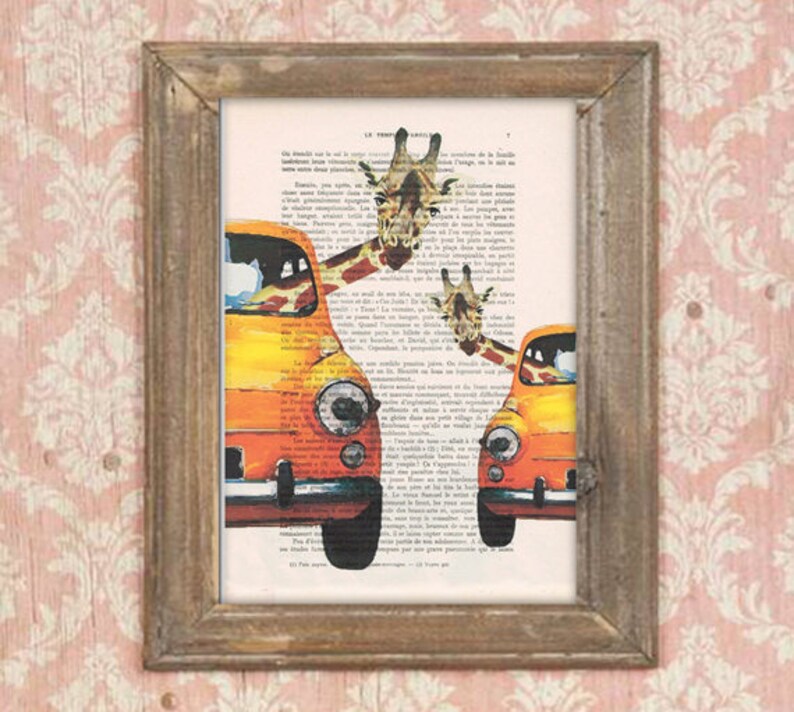 Giraffe wedding gift, Giraffes in car, Giraffe print, Giraffe artwork, Giraffe art, vintage paper art, kids room decor, wedding print image 1