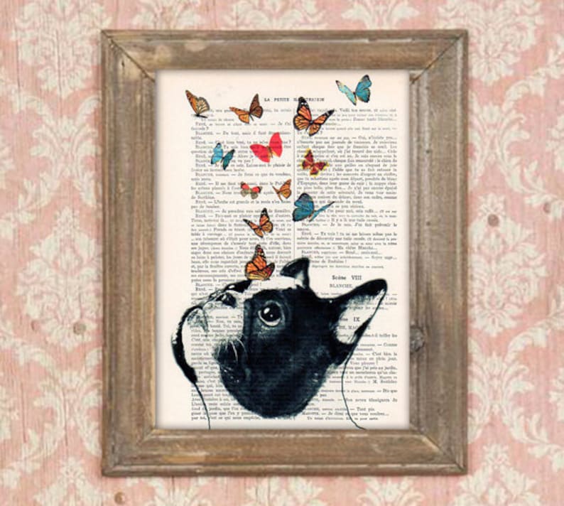 French Bulldog Print, Frenchie with butterflies, French design, black and white,bulldog poster Art Print on recycled french book page image 1