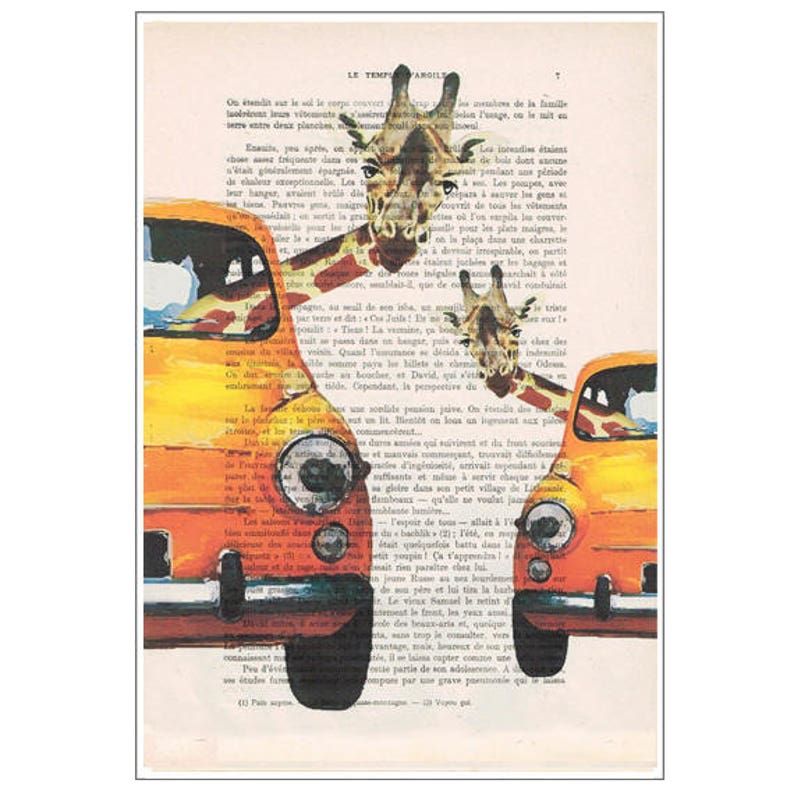 Giraffe wedding gift, Giraffes in car, Giraffe print, Giraffe artwork, Giraffe art, vintage paper art, kids room decor, wedding print image 2