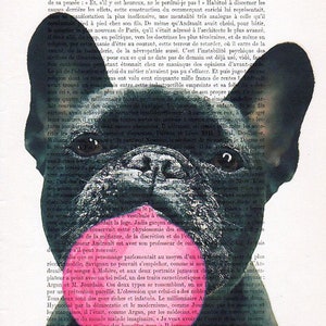 Frenchie Print, Bubblegum, French design, black and white,dog poster, Art Print on recycled french book page image 2