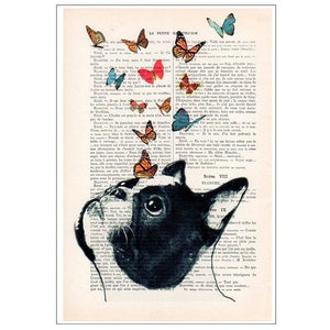 French Bulldog Print, Frenchie with butterflies, French design, black and white,bulldog poster Art Print on recycled french book page image 2