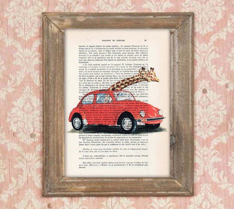 Giraffe painting, Giraffes in car, Giraffe print, Giraffe artwork, Giraffe art, vintage paper art, kids room decor, engagement print image 1