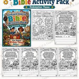 May include: A Junkyard-Inspired Bible Activity Pack featuring a colorful cover with children and tools, alongside black and white printable activity sheets. The pages include memory verses, illustrations of a child with a bicycle, and text.