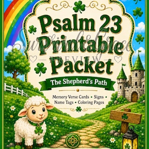 Könnte beinhalten: Ein farbenfrohes, druckbares Paket für Kinder mit dem Text "Psalm 23 Printable Packet". Das Design umfasst einen Regenbogen, ein Schaf, ein Schloss und Kleeblätter. Enthält Merkverskarten, Schilder, Namensschilder und Malvorlagen.