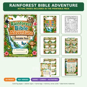 Op de afbeelding: Een printbaar Rainforest Bible Adventure pakket met een voorpagina met een toekan, luiaard, aap, kikker en vlinder in een jungle. De set bevat kleurplaten, naamkaartjes, geheugenverskaarten en informatiekaarten voor ouders om mee naar huis te nemen.