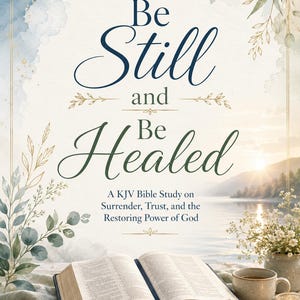 May include: An open Bible rests on a textured cloth next to a ceramic mug and a small candle. The cover features the text Be Still and Be Healed, A KJV Bible Study on Surrender, Trust, and the Restoring Power of God, with watercolor leaf accents.