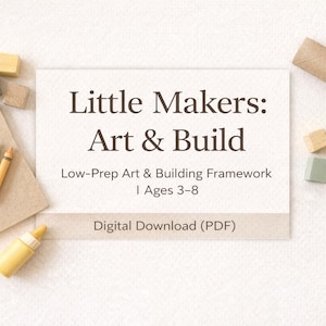 May include: A flat lay image featuring art supplies and building blocks. A spiral-bound notebook with crayons, a yellow glue stick, and small wooden blocks are arranged around a card with the text "Little Makers: Art & Build". The image is a digital download.