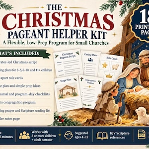 May include: The Christmas Pageant Helper Kit is a digital PDF with 18 printable pages. It includes a narrator-led script, casting plans for children, role cards, stage plans, checklists, a congregation programme, and a Scripture reading list.