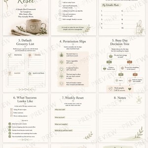 May include: A 12-page printable meal planning guide titled Survival & Grace 30-Day Reset. The document features sections for meal lists, grocery lists, decision trees, and weekly resets, decorated with soft green leaf illustrations and heart icons.