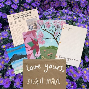 May include: A collection of stationery items including a brown envelope with the text "love yours, snail mail" in white, a "love yours snail mail club letter" newsletter, a lined "hey" note, and two illustrated cards featuring a tree and landscape.