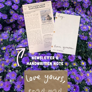 May include: A printed newsletter titled love yours snail mail club letter, a lined stationery sheet with the handwritten text hey and love yours, michelle, and a brown envelope with the handwritten text love yours, snail mail.