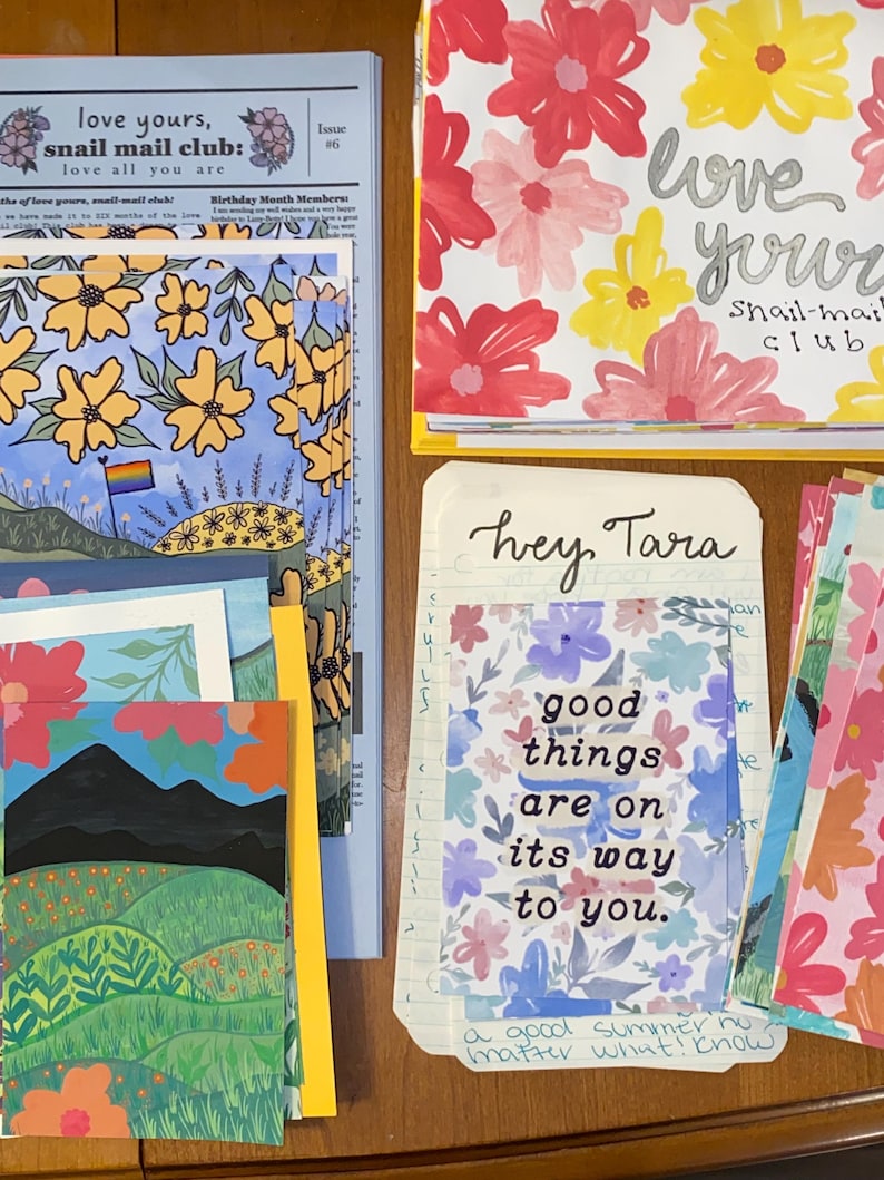 May include: A collection of stationery items including a Snail Mail Club newsletter, floral patterned cards, and a note with the text "hey, Tara" and "good things are on its way to you." The items feature colorful illustrations of flowers, landscapes, and mountains.