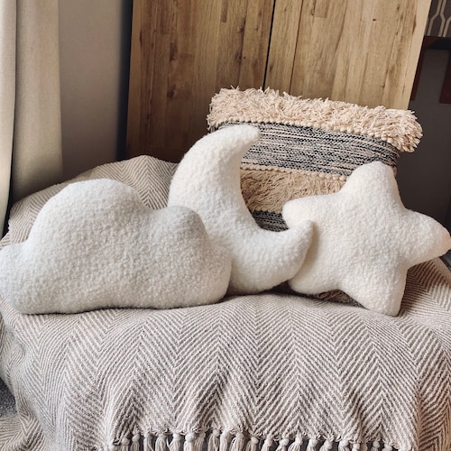 Boucle Moon, Cloud & Star Pillow Set - Handmade Nursery Decor