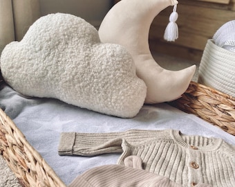 Neutral Moon Star Cloud Pillows – Bouclé Nursery Decor | Handmade Baby Room, Kids Room or Playroom Decoration | Baby Shower Gift Idea