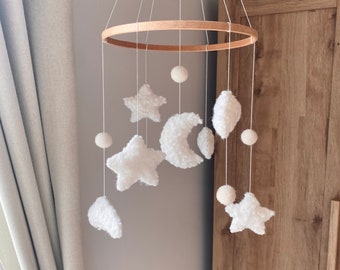 Cot Mobile, Nursery Decor, Baby Mobiles, Crib Accessories, Hanging Decoration, Moon Clouds & Stars, Baby’s Room, Gender Neutral