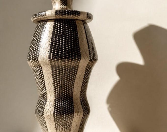 Tall patterned ceramic handmade jar with lid
