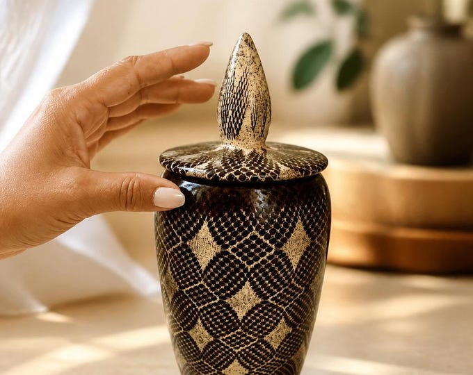 Handcrafted 11" Speckled Clay Lidded Vessel - Black Underglaze Pattern with Clear Gloss Finish
