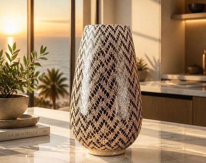 Handcrafted Wavy Pattern Ceramic Vase - Glossy Black and Clay Studio Pottery Vessel by Shawn