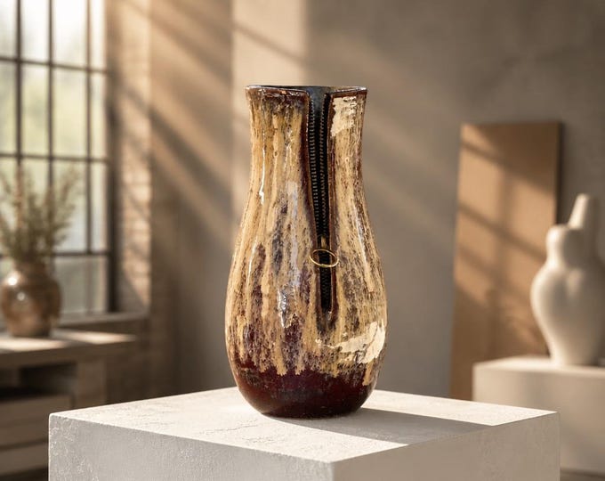 Handmade Ceramic Zipper Vase | Burgundy and Beige Glaze