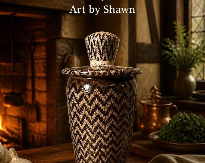 Handcrafted 9.25" Lidded Ceramic Vessel - Zig Zag Motif on Speckled Stoneware by Shawn