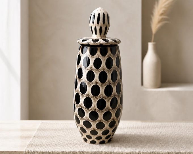 Handcrafted 10.5" Slender Lidded Vessel - Polka Dot Motif on White Stoneware by Shawn