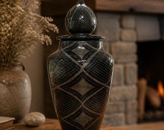 Large Ceramic Ceremonial Urn - 12" Handmade Taupe and Black Patterned Memorial Vessel |Home Accent