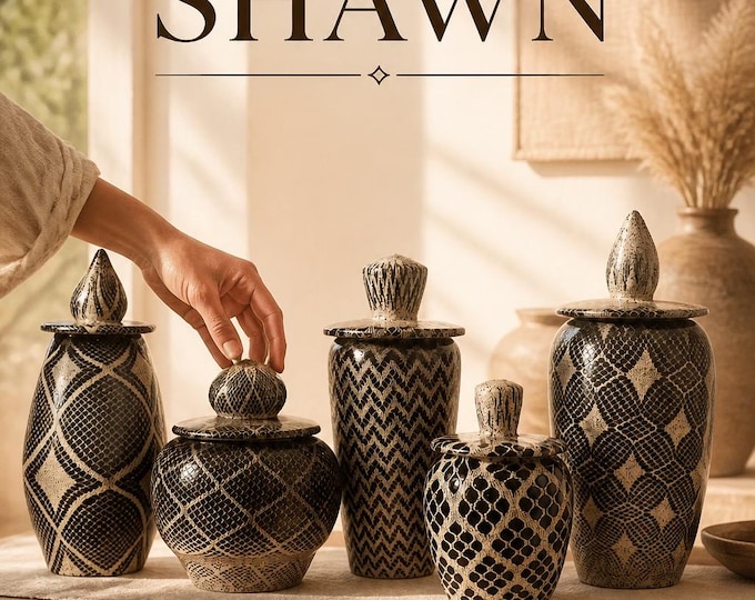 Handcrafted Lidded Ceramic Vessel - Lightly Speckled Clay with Glossy Black Motif by Shawn