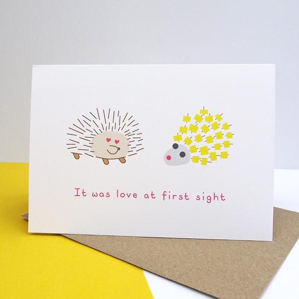 It was love at first sight greeting card - funny, love, pineapple hedgehog, happy anniversary, valentine's day, happy wedding day