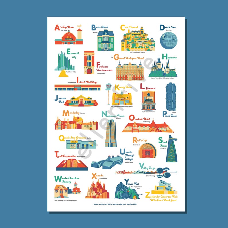 Unframed Movie Architecture ABC Poster Fictional Buildings A to Z Print